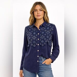T40. Navy Blue Sequined Embroidered Women's Top